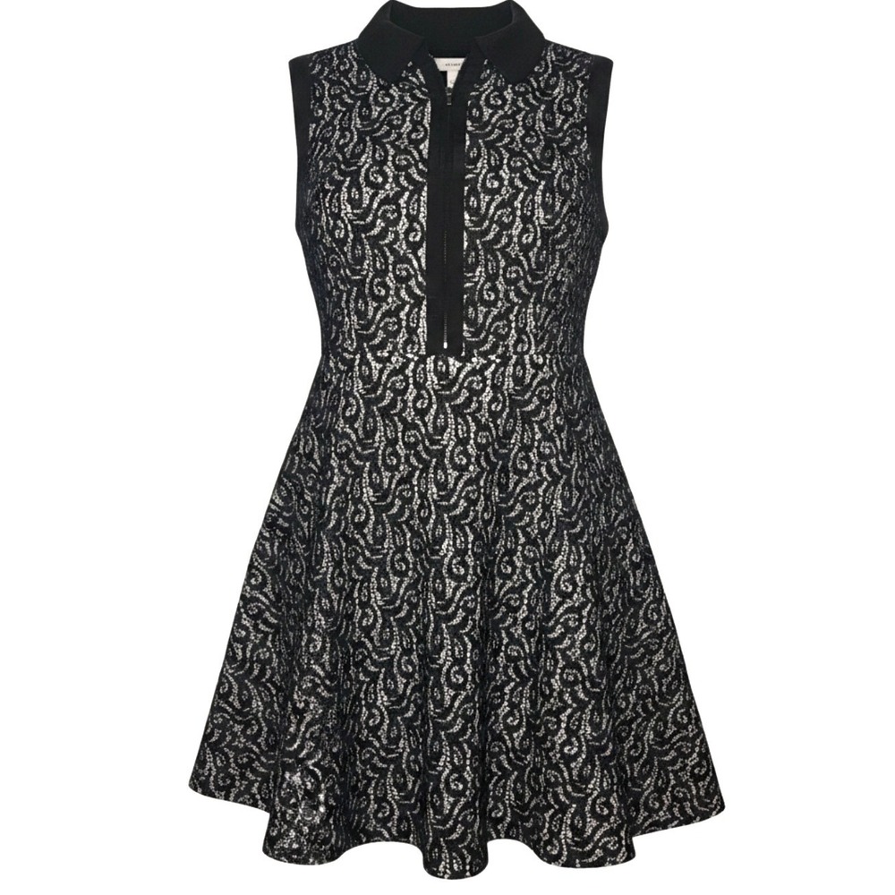 Betsey Johnson Womens Black White Lace Zip Front Fit Flare Dress Size 8 Retro